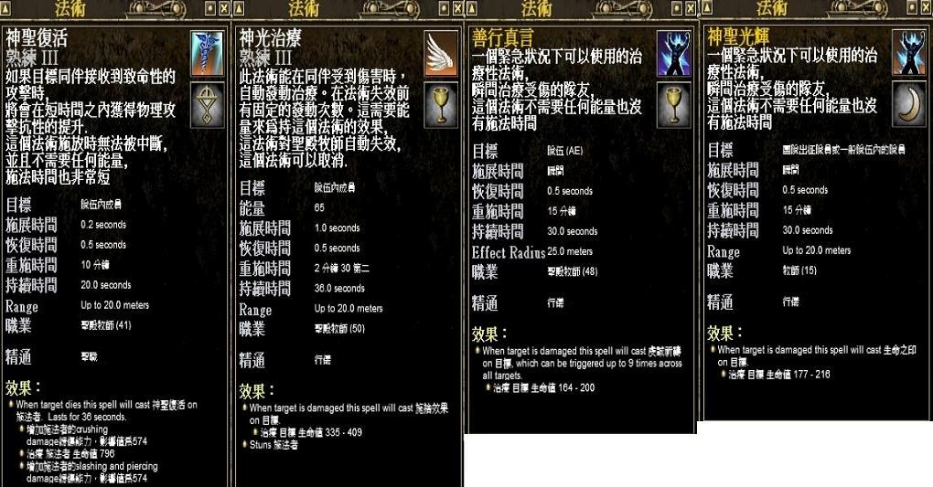 1使用於隊伍一人，通常在預測該員將死亡時使用。
<br />2使用於隊伍一人，會Stun施法者36秒。隊伍中只有一Healer時不建議使用。
<br />3使用於隊伍。
<br />4使用於隊伍、RAID。