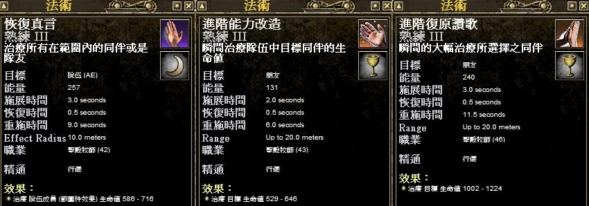 治療耗魔比:1>2>3 (越低效果越差)
<br />2.280-2.7861 (建議使用率)
<br />
<br />ps:因恢復真言為隊伍治療，不考慮的話，以使用進階能力改造為佳。
<br />
<br />1使用於隊伍。
<br />2跟3使用玩家、隊伍、RAID。